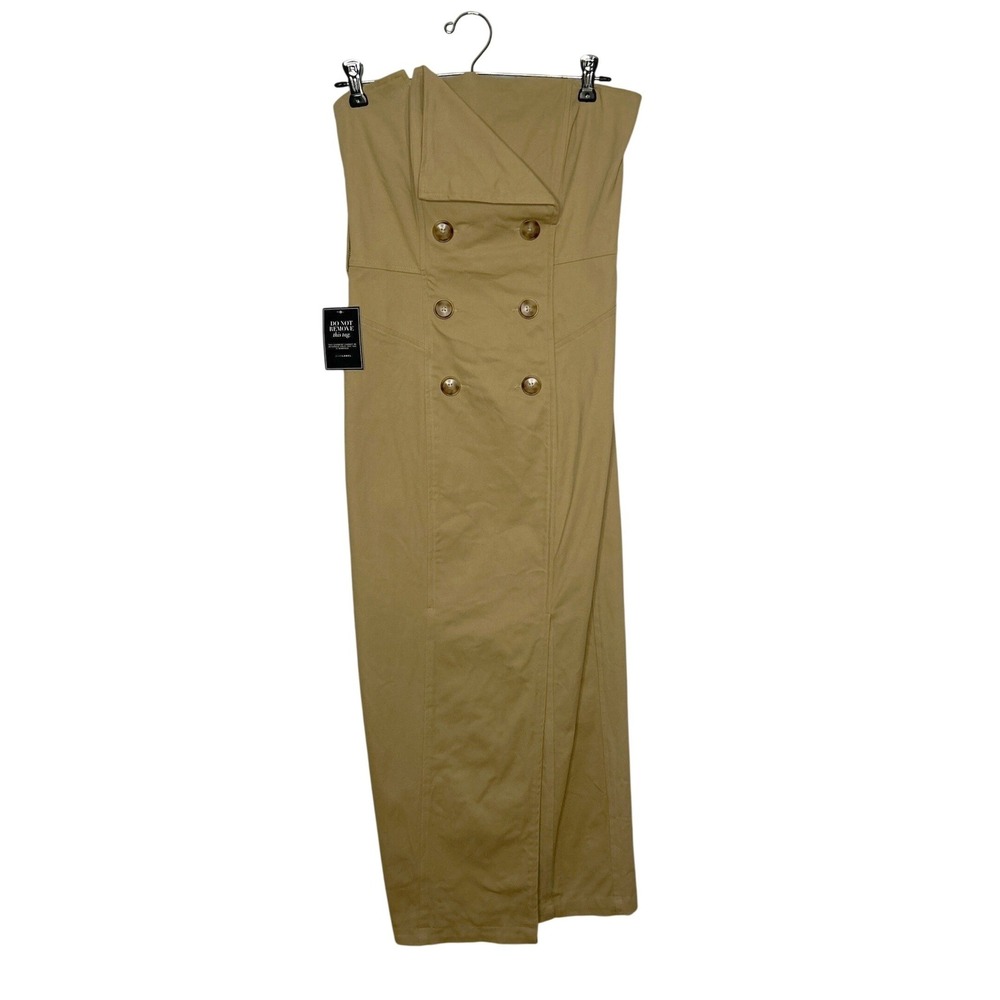 JLUXLABEL Khaki Asymmetric Belted Midi Dress M Strapless Trench Chic NWT No Belt - Picture 3 of 16
